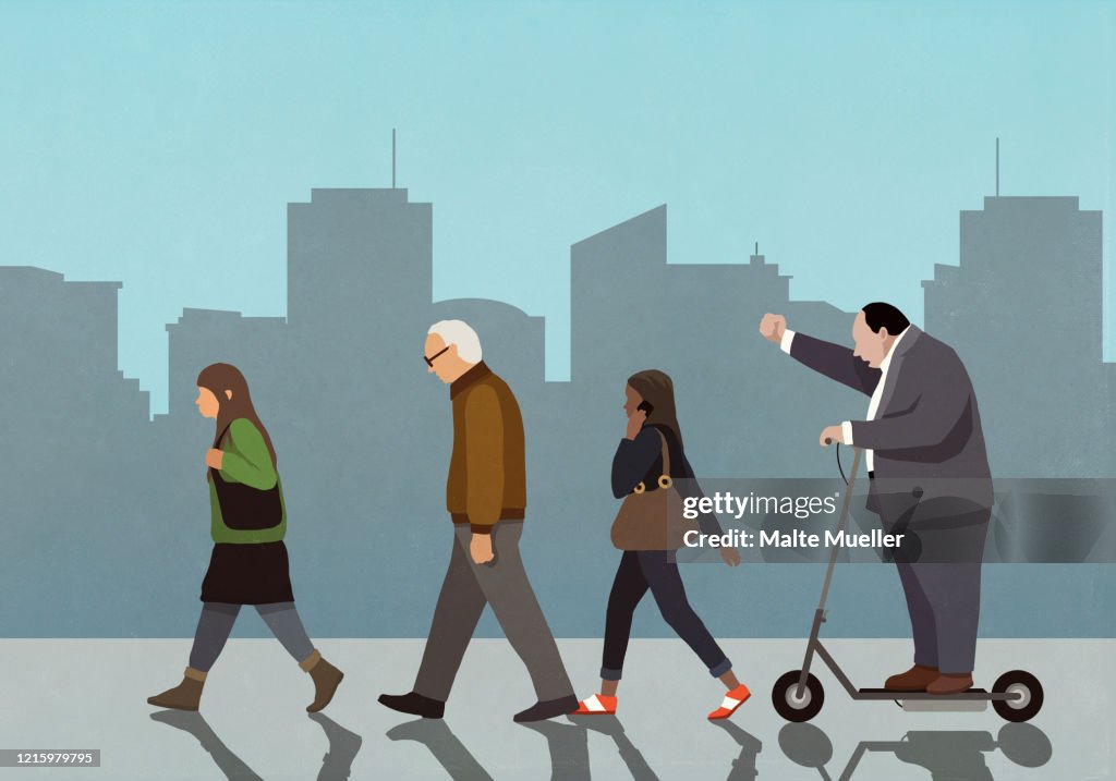 Aggressive businessman gesturing on motorized scooter in city