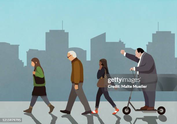 aggressive businessman gesturing on motorized scooter in city - dictator stock illustrations