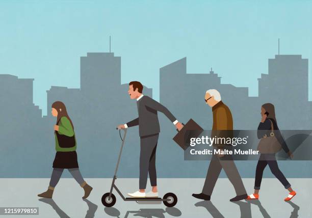 carefree businessman riding motorized scooter in city - business woman movement dynamic stock illustrations