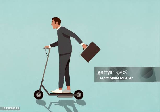 ilustrações, clipart, desenhos animados e ícones de carefree businessman with briefcase riding motorized scooter - lambreta