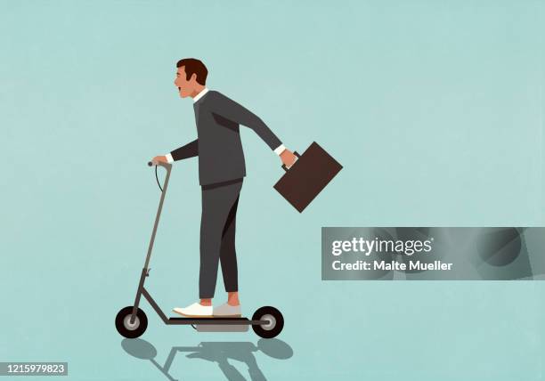 bildbanksillustrationer, clip art samt tecknat material och ikoner med carefree businessman with briefcase riding motorized scooter - ung i själen