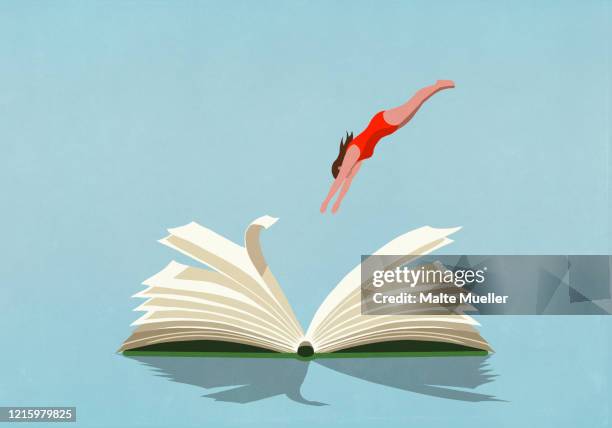 ilustraciones, imágenes clip art, dibujos animados e iconos de stock de woman in bathing suit diving into book - book illustration