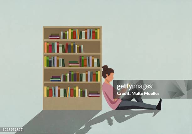 woman reading book against bookcase - leaning book shelves stock illustrations