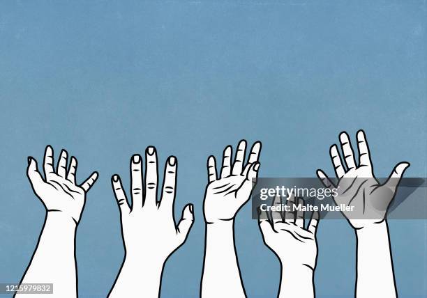 ilustrações, clipart, desenhos animados e ícones de hands raised, reaching against blue background - de braço levantado