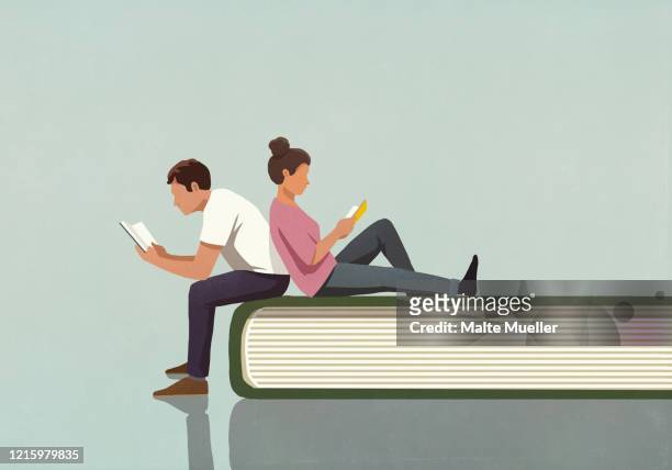 ilustraciones, imágenes clip art, dibujos animados e iconos de stock de couple reading books on large book - mujer leyendo