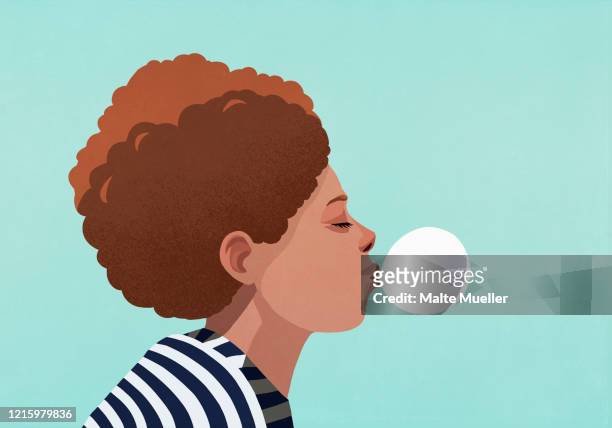 young woman blowing bubble gum bubble - freedom stock-grafiken, -clipart, -cartoons und -symbole