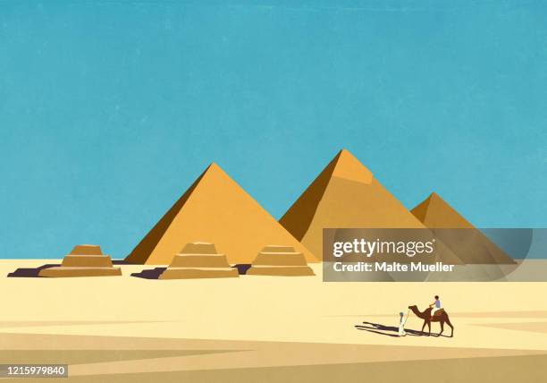 travelers with camel in front of egyptian pyramids in sunny desert - ancient-egyptian-culture stock illustrations