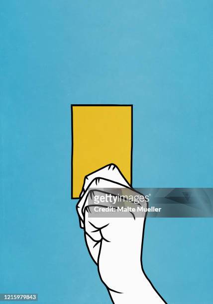 hand holding yellow card - yellow card sport symbol stock-grafiken, -clipart, -cartoons und -symbole