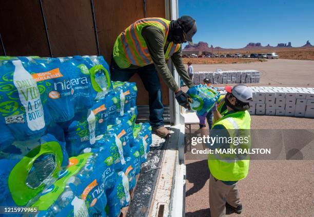 Navajo Indians line up in their vehicles to collect water and supplies from a distribution point, as the Covid-19 virus spreads through the Navajo...