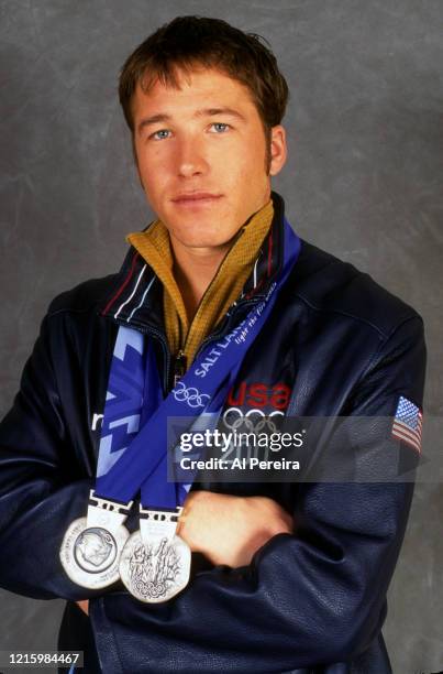 Olympian Bode Miller takes a portrait with his two Silver Medals on February 25, 2002 in New York City.