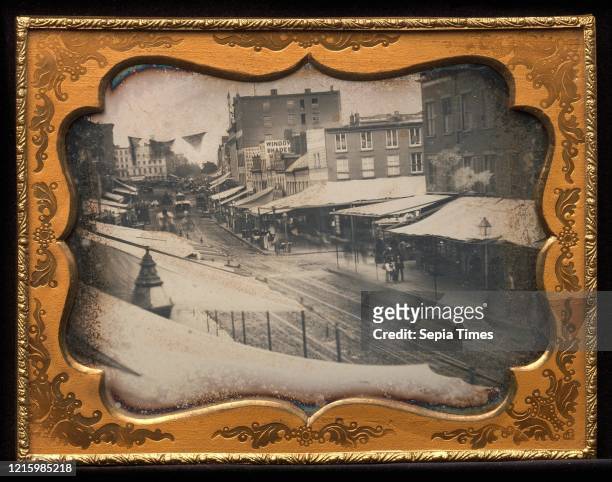Chatham Square. New York. 1853Ð55. Daguerreotype. Image: 8.9 x 12.2 cm . Irregular. Photographs. Unknown . This chaotic street scene shows Chatham...