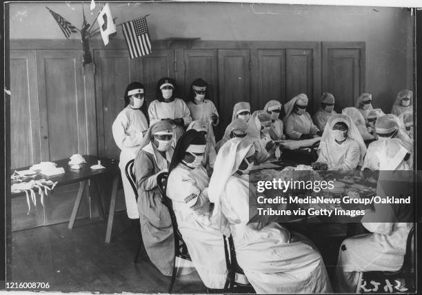 Red Cross volunteers from the Piedmont Chapter of the Red Cross create masks during the Spanish Flu pandemic.