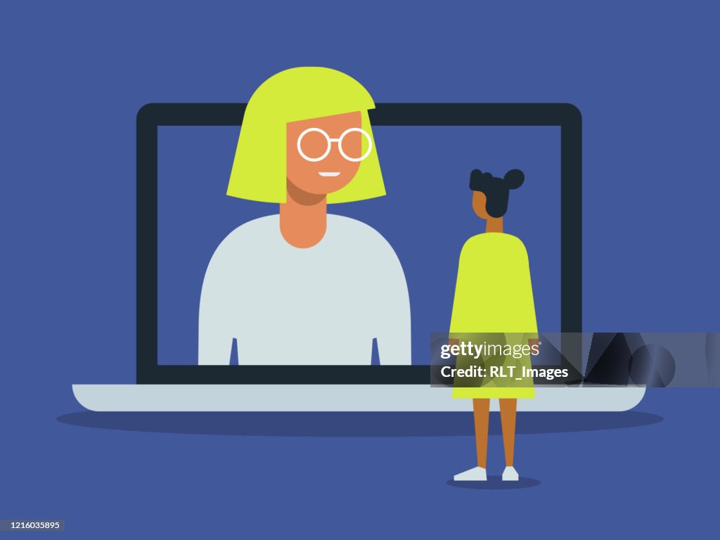 Illustration of video call between friends with giant laptop computer