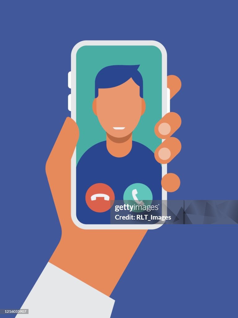 Illustration of hand holding smart phone with video call on screen