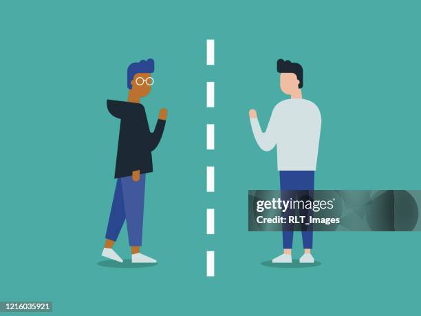 ilustraciones, imágenes clip art, dibujos animados e iconos de stock de ilustración de dos amigos separados por el distanciamiento social - distancia social