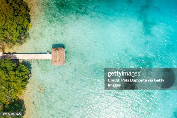 view of a wooden walking path at bacalar, mexico at sunrise - cozumel mexico stock pictures, royalty-free photos & images