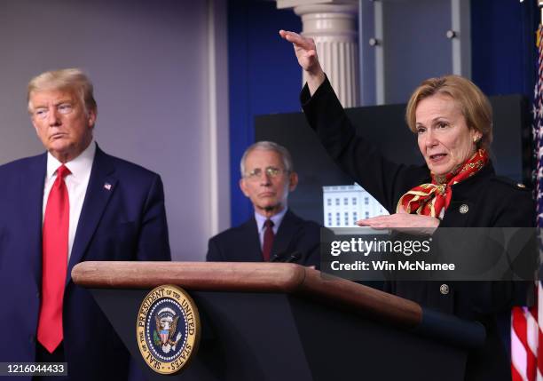 White House coronavirus response coordinator Debbie Birx speaks while flanked by President Donald Trump , and Dr. Anthony Fauci , director of the...