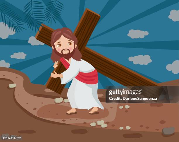 way of the cross. vector illustration of jesus christ carrying the cross. - stations of the cross stock illustrations
