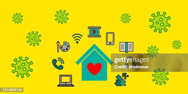 home entertainment facilities icons in virus environment. - game pieces flat lay stock illustrations
