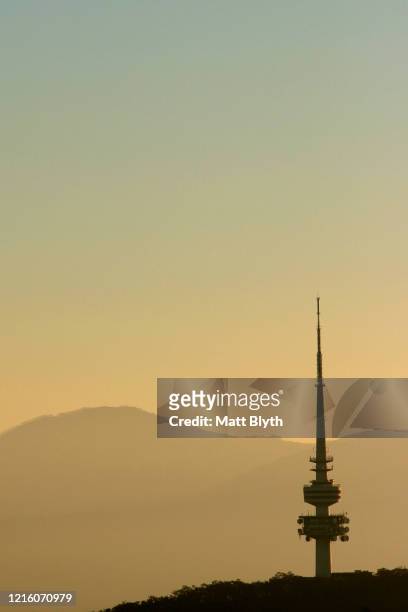 Telstra Tower and Black Mountain are seen from the top of Mount Ainslie at sunset on July 18, 2003 in Canberra, Australia.
