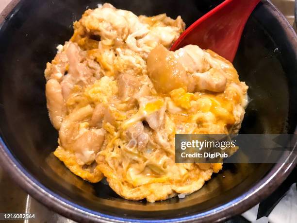 oyakodon, chicken and egg on rice - 親子丼 stockfoto's en -beelden