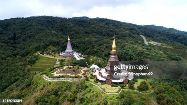 high angle view of two chedi atop inthanon mountain, chiang mai province, thailand - u.s. department of the interior stock pictures, royalty-free photos & images