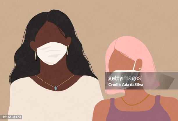 ilustraciones, imágenes clip art, dibujos animados e iconos de stock de dos mujeres con máscaras faciales - women