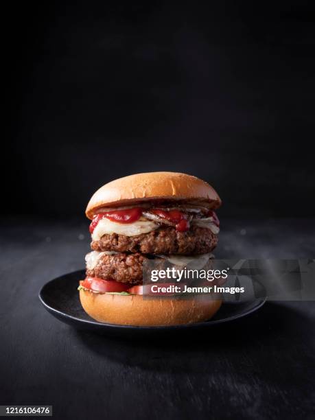 vegan double cheeseburger. - ハンバーグ　皿 ストックフォトと画像