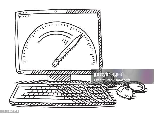 desktop computer internet speed measurement drawing - monitor keyboard mouse stock illustrations