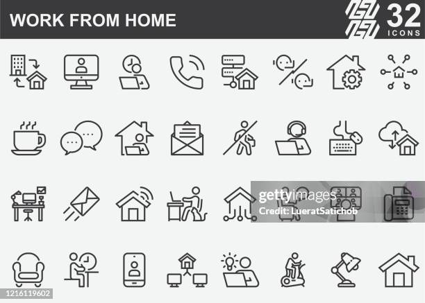 ilustrações de stock, clip art, desenhos animados e ícones de work from home line icons - trabalhar