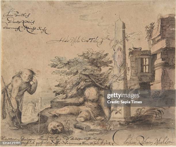 Allegory of the Transience of Life Pen and ink, brush and brown, blue and pink wash, heightened with white gouache, sheet: 5 x 5 15/16 in. ,...