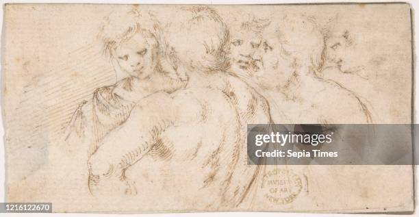 Group of Five Male Figures in Half-length, 1640-50, Pen and brown ink, over black chalk; glued onto secondary paper support, 2 1/4 x 4 3/8in. ,...