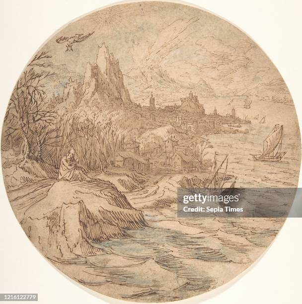 The Death of Aeschylus, before 1606, Pen and brown ink, brown and blue wash, sheet: 10 1/16 in. Diameter, Drawings, Tobias Verhaecht .