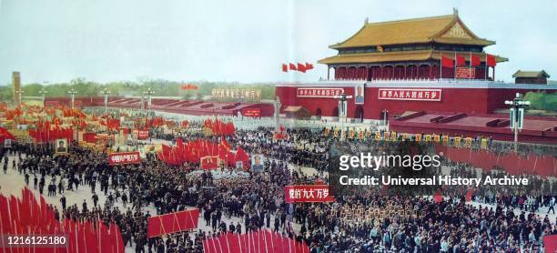 Propaganda photograph showing parade by Red Guards in Beijing 1967. Chairman Mao personally received more than 11 million Red Guards from all over...