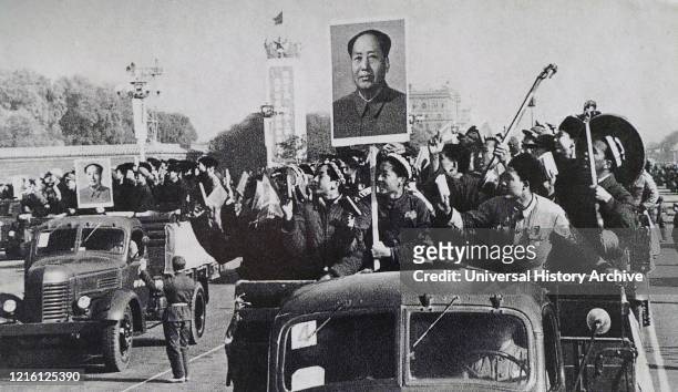 Mao Zedong posters in a motorcade of Red Guards. Teenagers from various ethnic groups such as Uyghur, Kazakh, and Uzbek in Xinjiang.