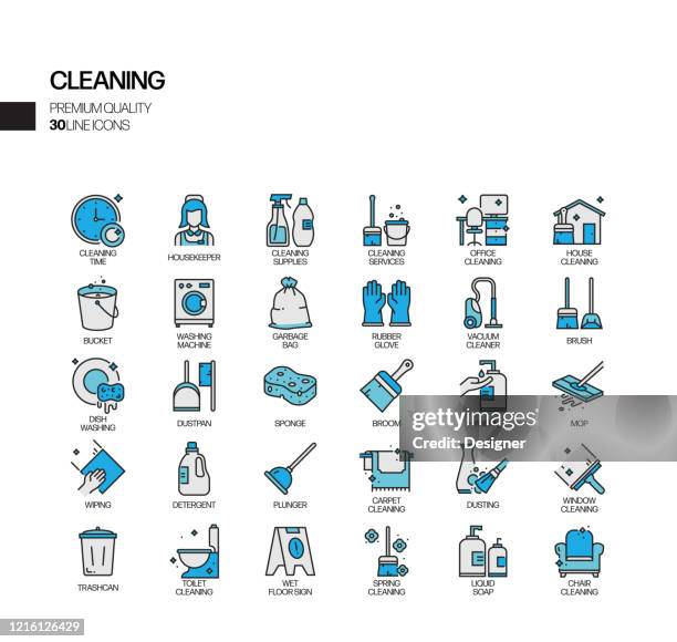 simple set of cleaning related vector line icons. outline symbol collection. - carpet stock illustrations