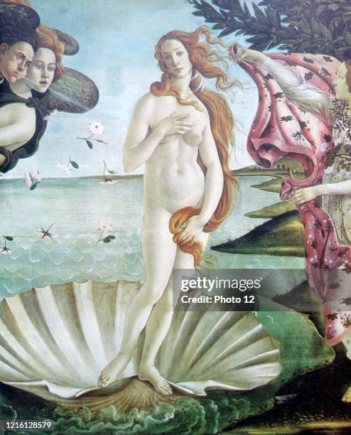 The Birth of Venus' by Sandro Botticelli . The painting depicts the goddess Venus emerging from the sea. Painted c1485.