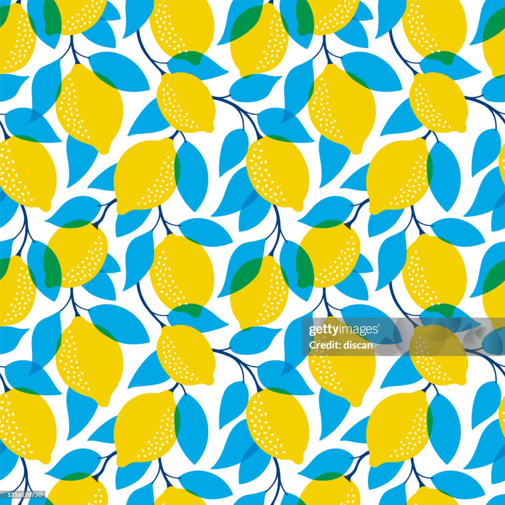 Motif tropical sans couture avec des citrons jaunes. Fond répété de fruit. Impression lumineuse vectorielle pour tissu ou papier peint.
