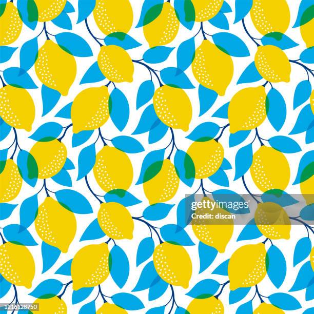 tropical seamless pattern with yellow lemons. fruit repeated background. vector bright print for fabric or wallpaper. - lemon pattern stock illustrations