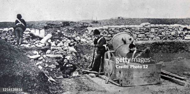 Crimean War 1853-55; A quiet day in a Mortar Battery, by pioneer war photographer, Roger Fenton.