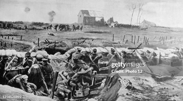 Print depicting British troops in the trenches whilst under attack from the Germans, in the town of Ypres, Belgium. Dated 1914.