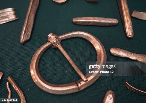 The Cuerdale Hoard, a hoard of more than 8,600 items, including silver coins, English and Carolingian jewellery, hack silver and ingots. Dated 9th...