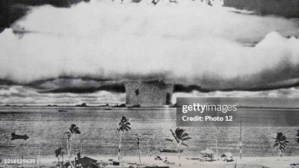 Photographic print of an atomic bomb at Bikini Atoll in Micronesia, the first underwater test. Dated 1946.