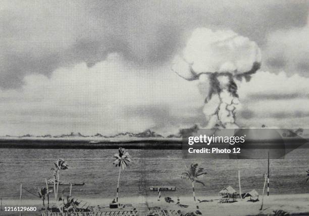 Photographic print of an atomic bomb at Bikini Atoll in Micronesia, the first underwater test. Dated 1946.