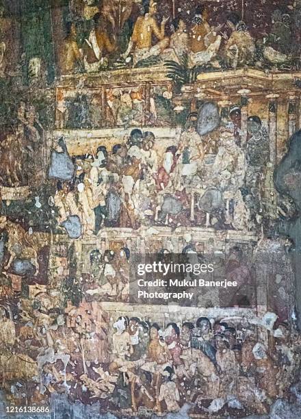 fresco paintings of ancient ajanta buddhist caves predominantly narrates the jataka tales social story, an unesco world heritage site near aurangabad, maharashtra, india - buddha painting stock pictures, royalty-free photos & images