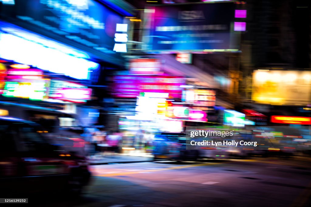 Blurred lights and traffic in Hong Kong street