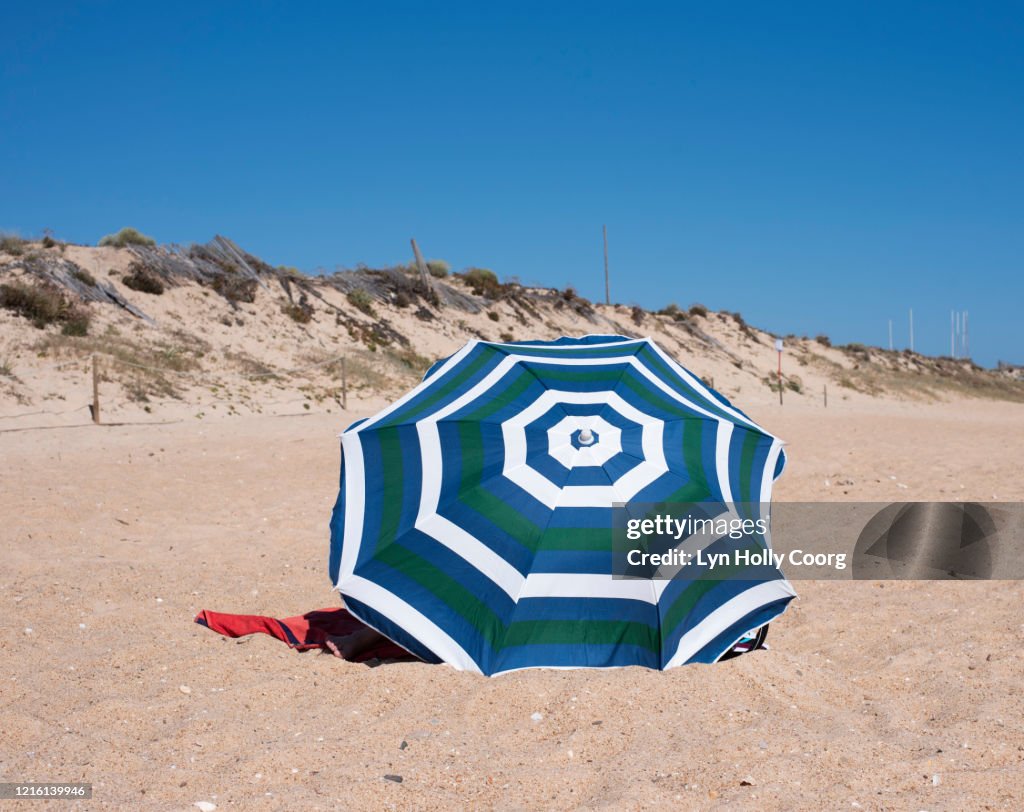 Blue and white striped umbrella on sandy beach