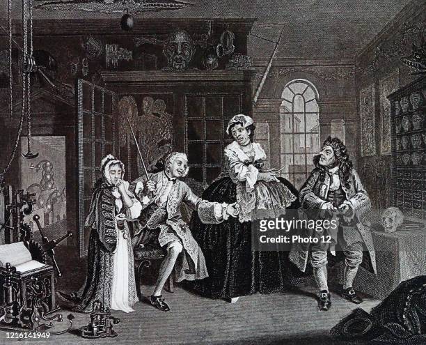 The inspection from Marriage a la mode by William Hogarth . English painter, printmaker, pictorial satirist. The third in the series, The Inspection,...