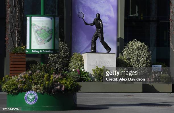 The Fred Perry statue is seen at The All England Tennis and Croquet Club, best known as the venue for the Wimbledon Tennis Championships, on April...