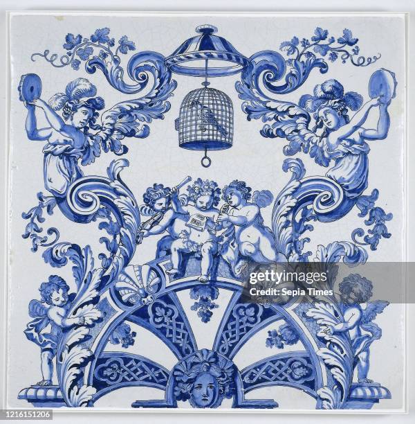 Three plaques from a column, Tile with representation in blue with three music-making angels sitting on a semicircular arch, Tile with a blue...